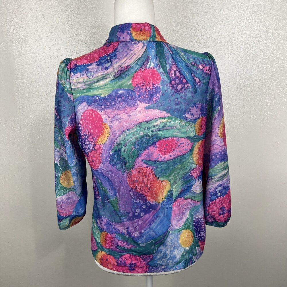 Vintage Devon 70s Blouse Women Medium Neon Purple Green 3/4 Sleeve Union Made - Picture 3 of 14